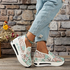 Floral Platform Sneakers Slip On Embroidered Shoes Comfortable Walking