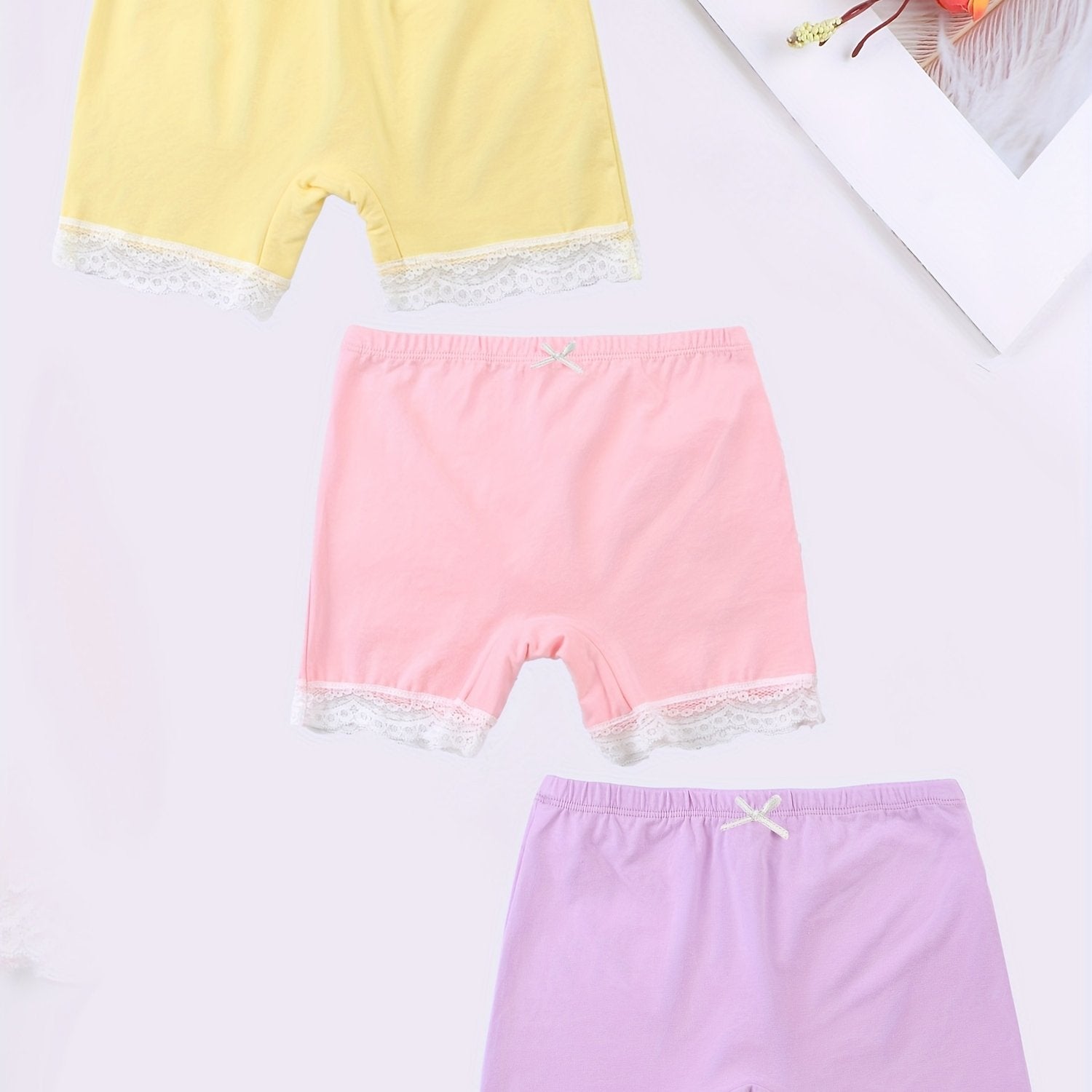 3pcs Girl's Cotton Boyshorts Lace Trim Elastic Waist Shorts