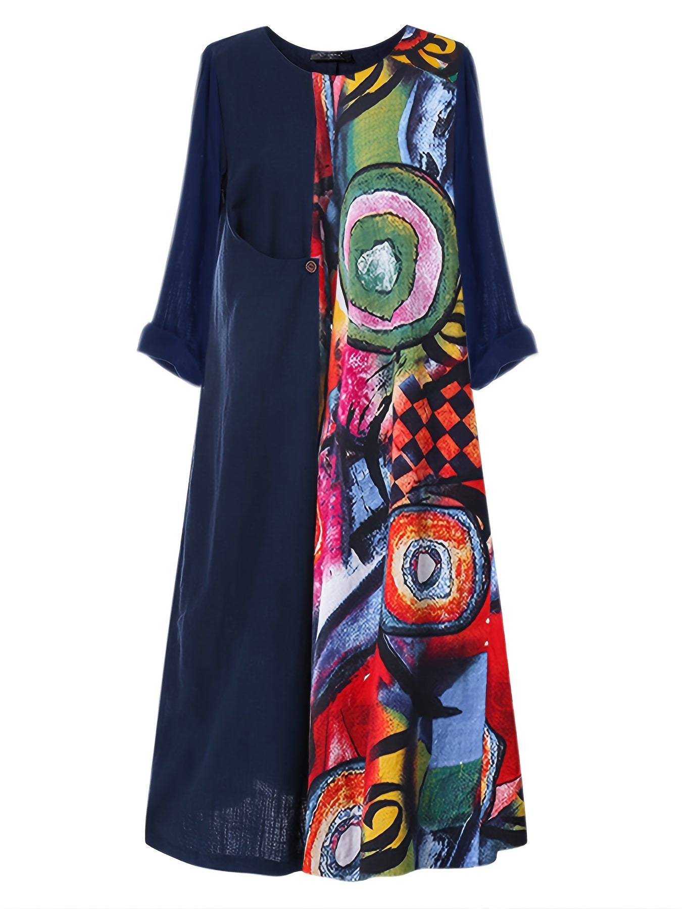 Colorblock Print Long Sleeve Dress Women's Plus Casual