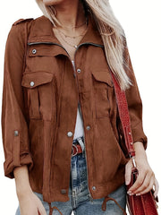 Vintage Zip Up Solid Jacket with Pockets