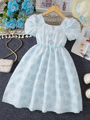 Floral Textured Princess Dress For Girls Puff Sleeve Party Birthday Dress
