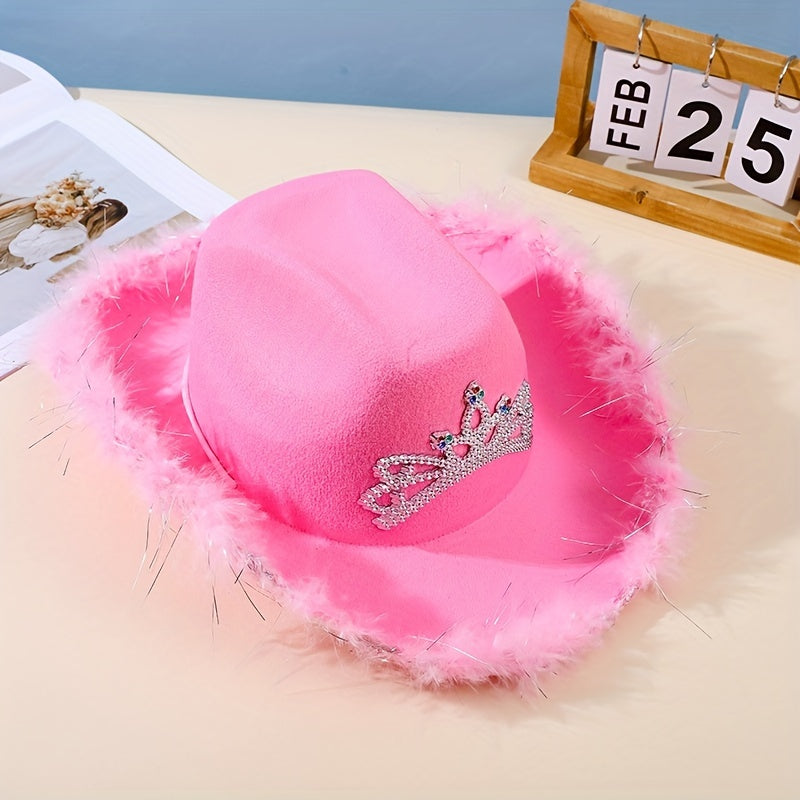 Pink Feather Brim Cowboy Hat Crown Decor Western Sun Hat Hip Hop Breathable
