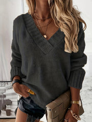 V Neck Sweater Solid Knitted Long Sleeve Pullover Jumper