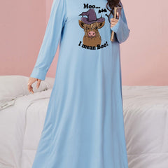 Halloween Nightdress Women's Witch Hat Cow & Bat Print Sleep Dress