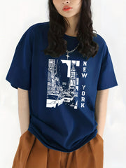 City View & York Letter Print Crew Neck Casual T Shirt