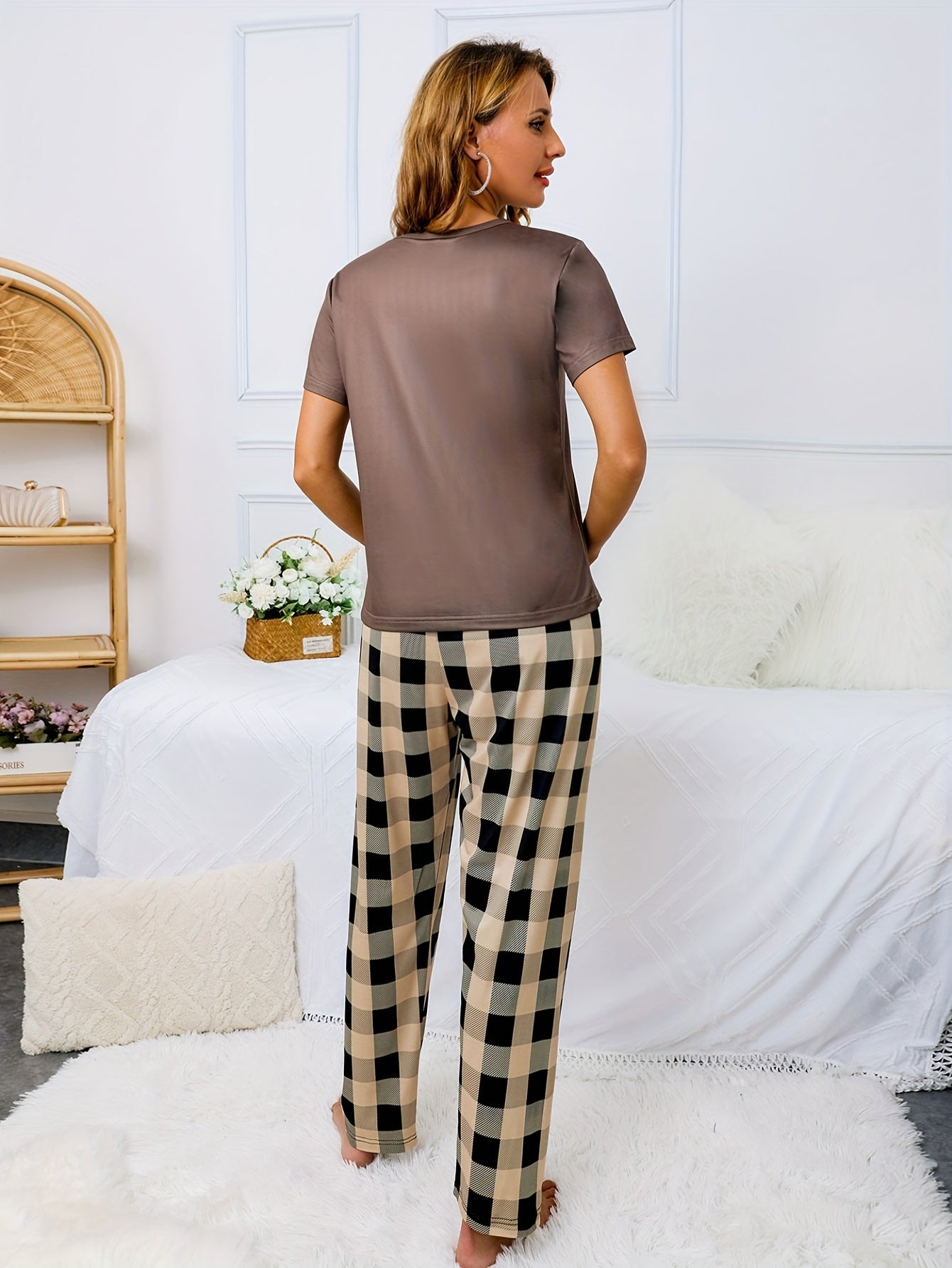 Heart Print Pajama Set Crew Neck Top & Plaid Pants