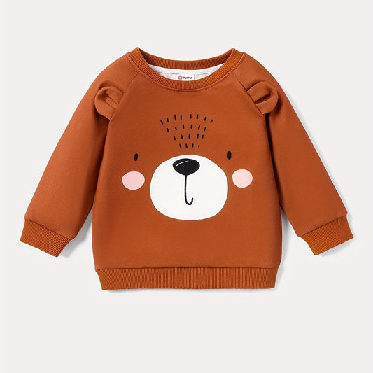 Animal Bear Print Crew Neck Sweatshirt with 3D Ears
