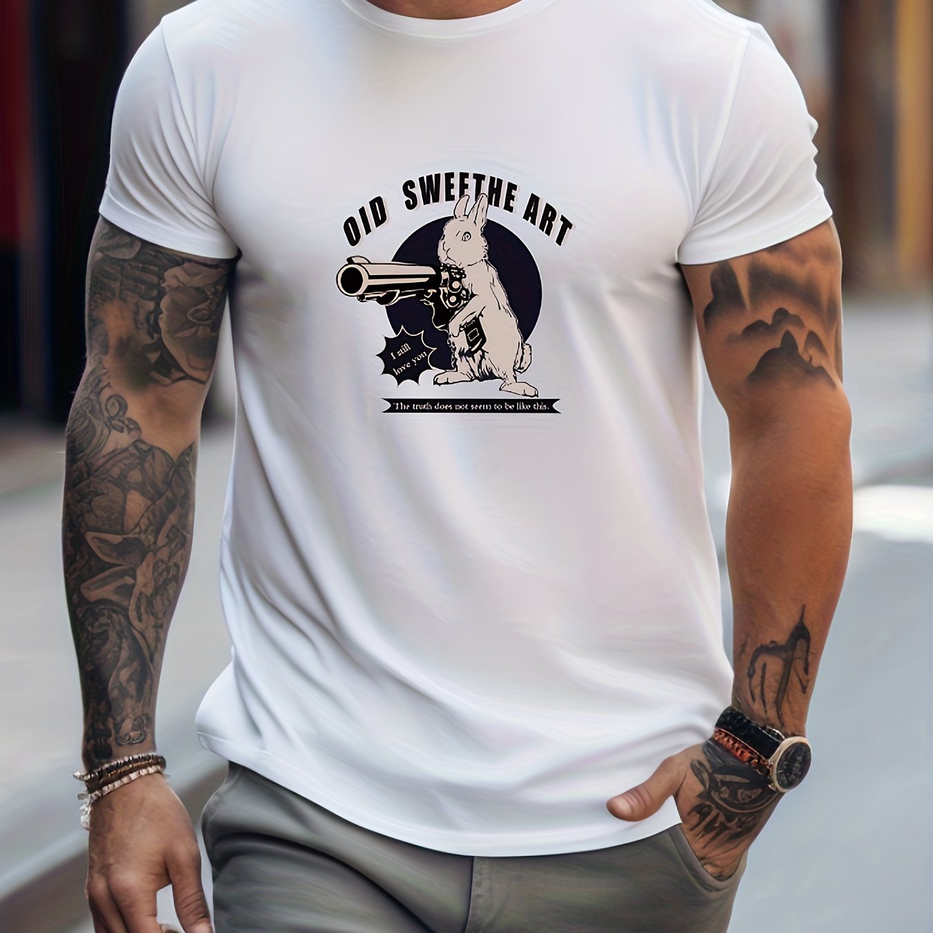 Anime Rabbit Print Men's Graphic Crew Neck T shirt Casual Comfy Tees Tshirts