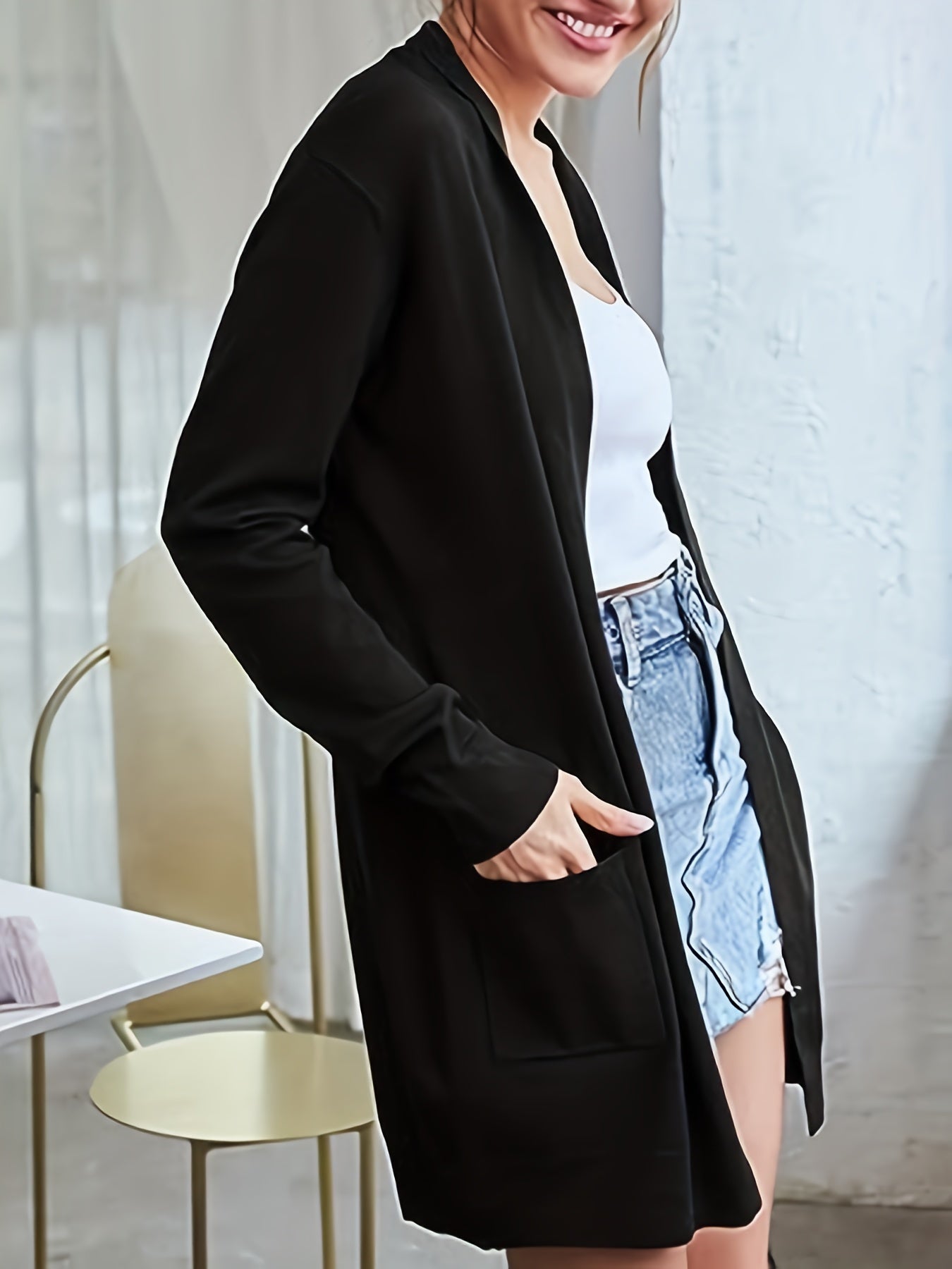 Solid Long Sleeve Open Front Cardigan With Pockets
