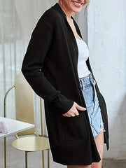 Solid Long Sleeve Open Front Cardigan With Pockets
