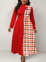 Gingham Print Colorblock Dress Mock Neck Maxi Dress