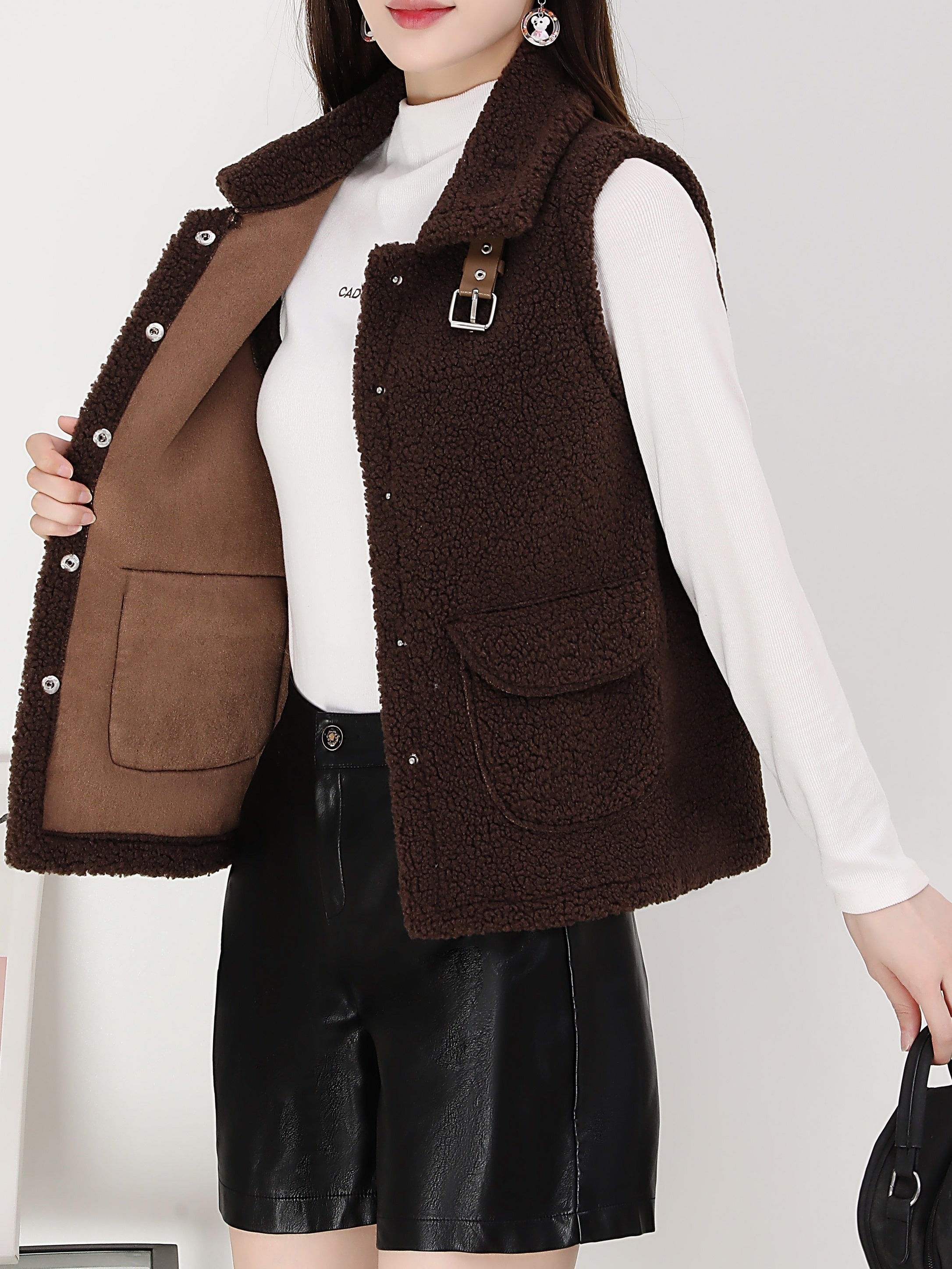 Solid Teddy Vest Casual Button Front Sleeveless Warm Vest