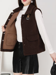 Solid Teddy Vest Casual Button Front Sleeveless Warm Vest
