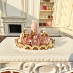 Dollhouse Mini Bedroom Bathroom Set with Pink Perfume Bottles and Golden Tray