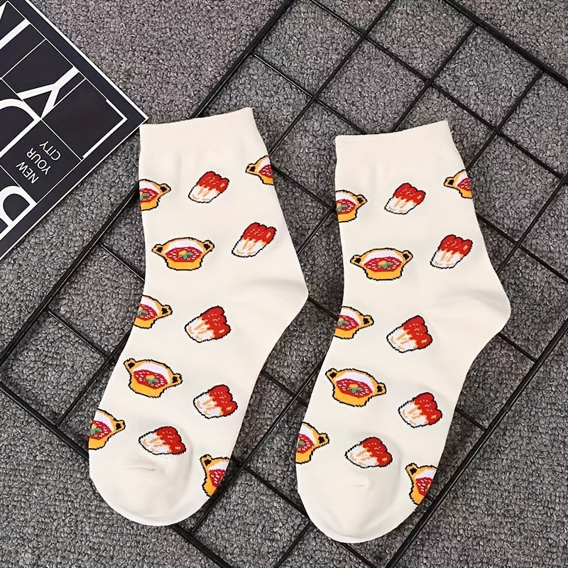 5 Pairs Cartoon Food Print Socks & Funny Mid Tube Women's Stockings