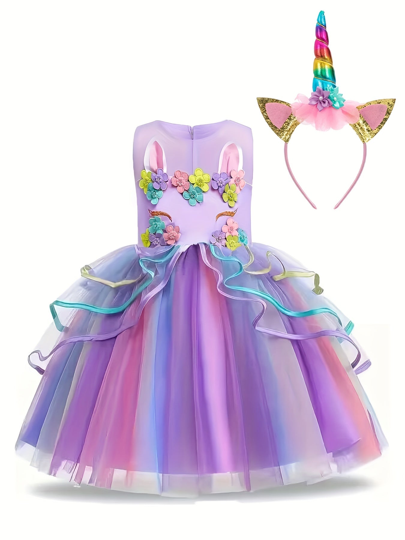 Unicorn Princess Dress Floral Print Mesh Tulle Kids Dress