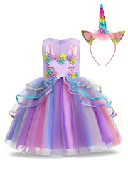 Unicorn Princess Dress Floral Print Mesh Tulle Kids Dress