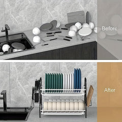 2 Tier Dish Drying Rack with Drain Board Hooks for Countertops