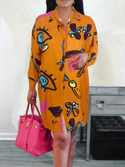 Abstract Face Print Long Sleeve Shirt Dress