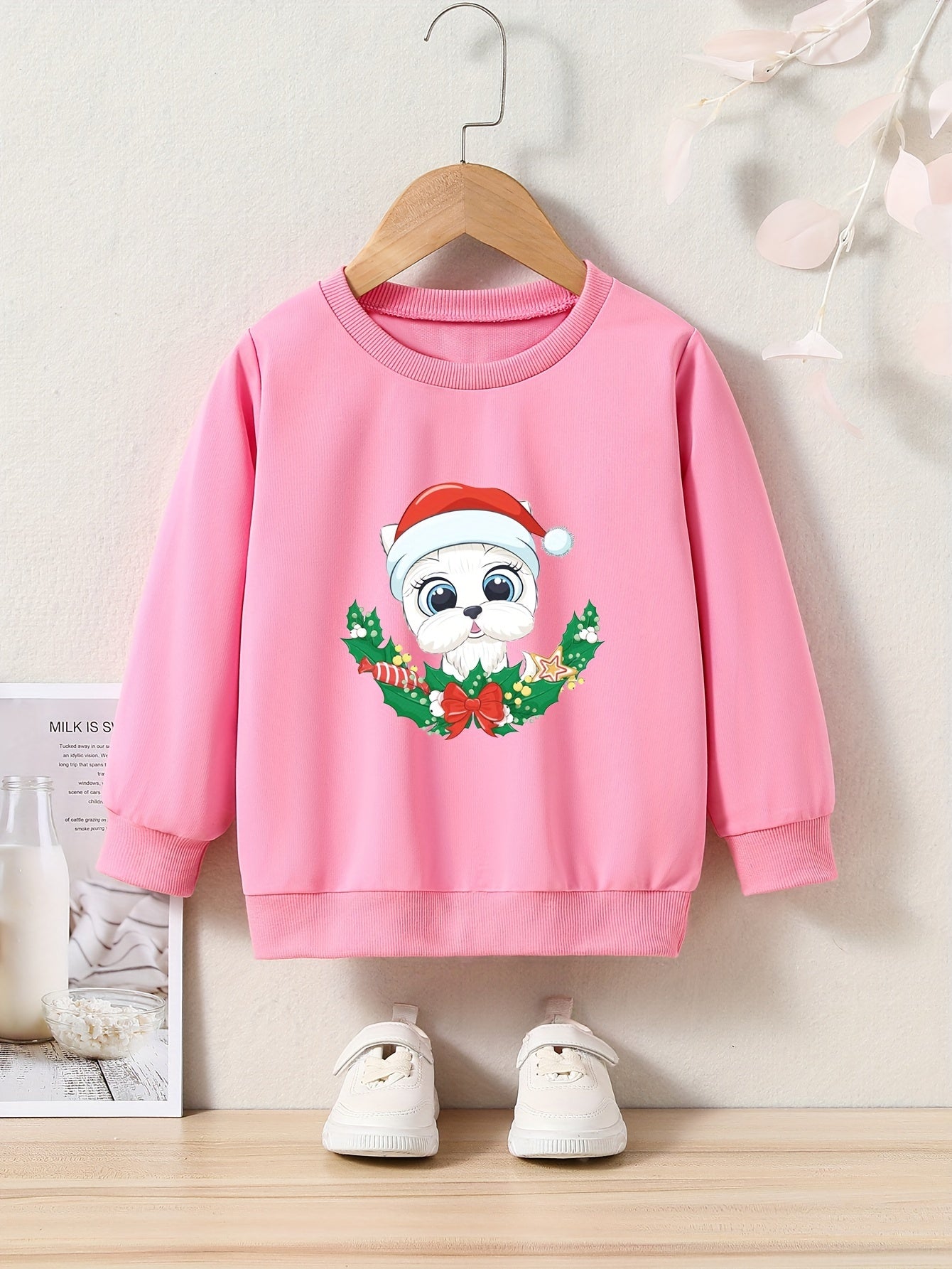 Christmas Cartoon Dog Pattern Crew Neck Long Sleeve Sweatshirt For Girls Kids