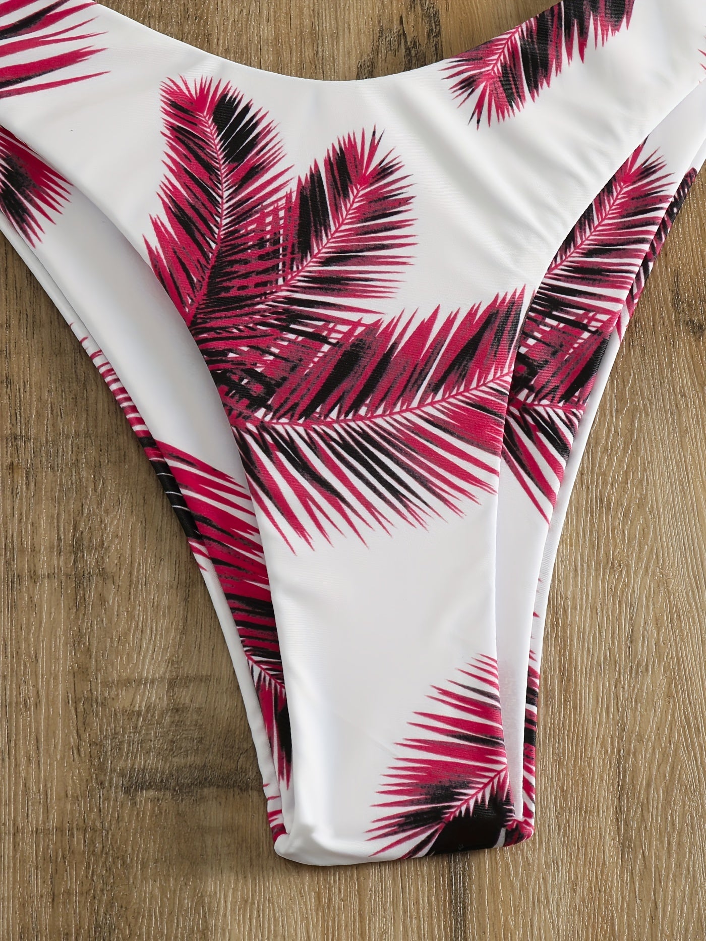 Burgundy Leaf Print Bikini Set V Neck Backless High Cut Two Piece Swimsuit