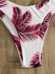 Burgundy Leaf Print Bikini Set V Neck Backless High Cut Two Piece Swimsuit