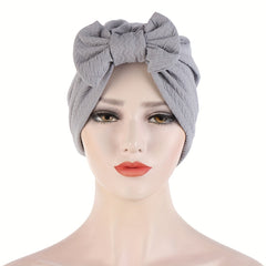 Embossed Detachable Bowknot Turban Cap Solid Ramadan Head Scarf Bonnet