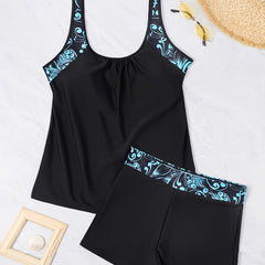 Floral Print Tankini Set Women's Scoop Neck Cami Top & Shorts Swimsuit