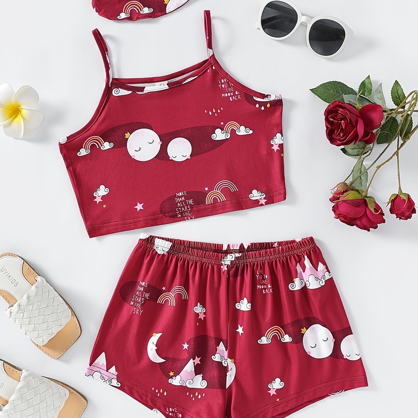 Girls Rainbow Moon Pajamas Set with Cami Top & Shorts