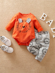 2pcs Baby Boys Lion Print Long Sleeve Onesie & Pants Set