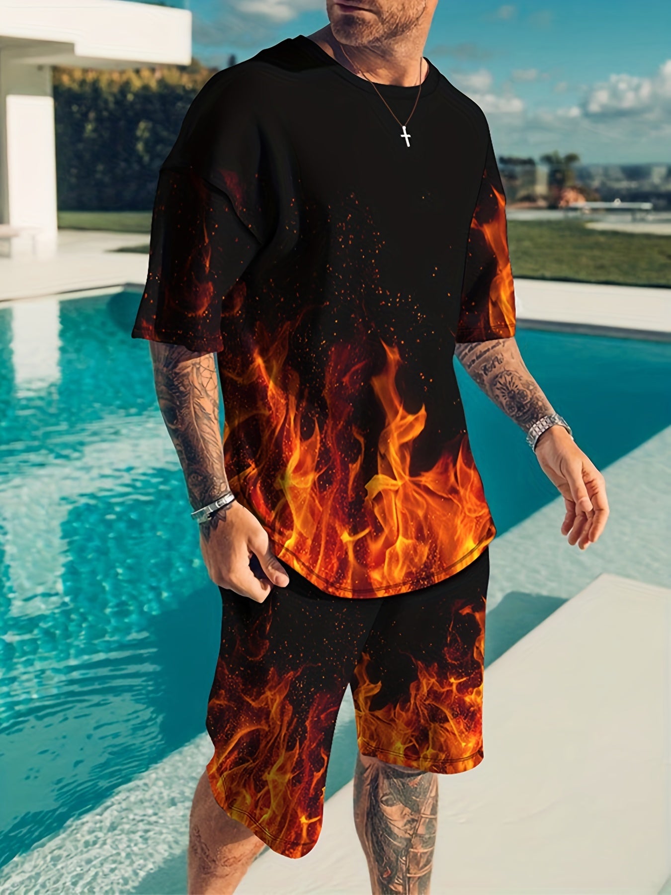 3D Fire Print Men's Casual Outfits Set Short Sleeve T-shirt Drawstring Shorts