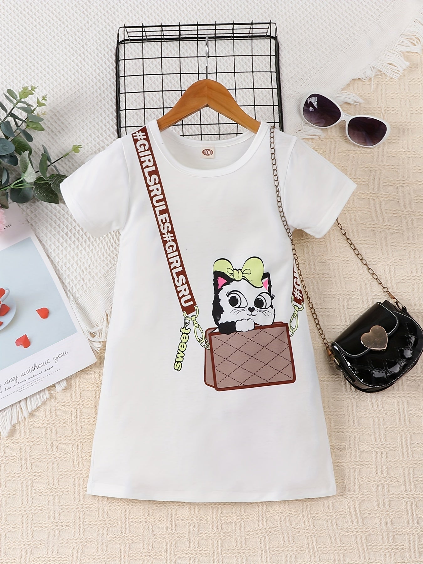 Girls Cat Print Short Sleeve Dress