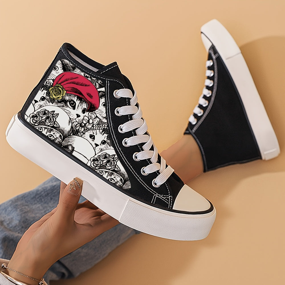 Women's High Top Canvas Shoes with Cat and Red Hat