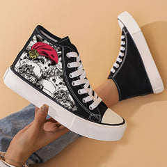Women's High Top Canvas Shoes with Cat and Red Hat