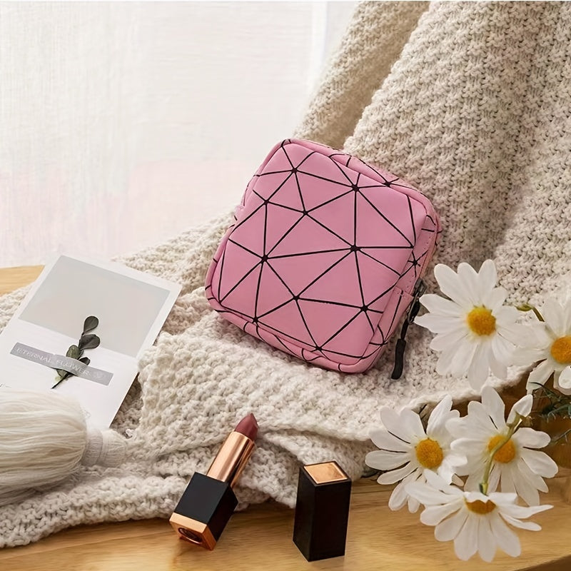 Geometric Pattern Mini Storage Bag Zipper PU Leather Lightweight Organizer