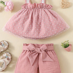 2pcs Baby Girls Heart Print Camisole Top & Shorts Set