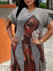 Casual Dress Women's Plus Cartoon Figure Print V Neck Dress