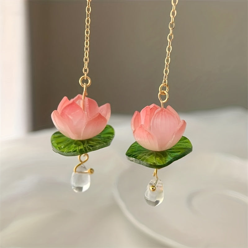 Pink Lotus Lily Pad Dangle Earrings for Girls