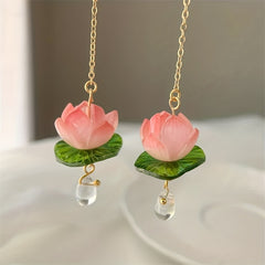 Pink Lotus Lily Pad Dangle Earrings for Girls