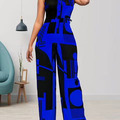 Graphic Print Sleeveless Jumpsuit V Neck Wide Leg Jumpsuit