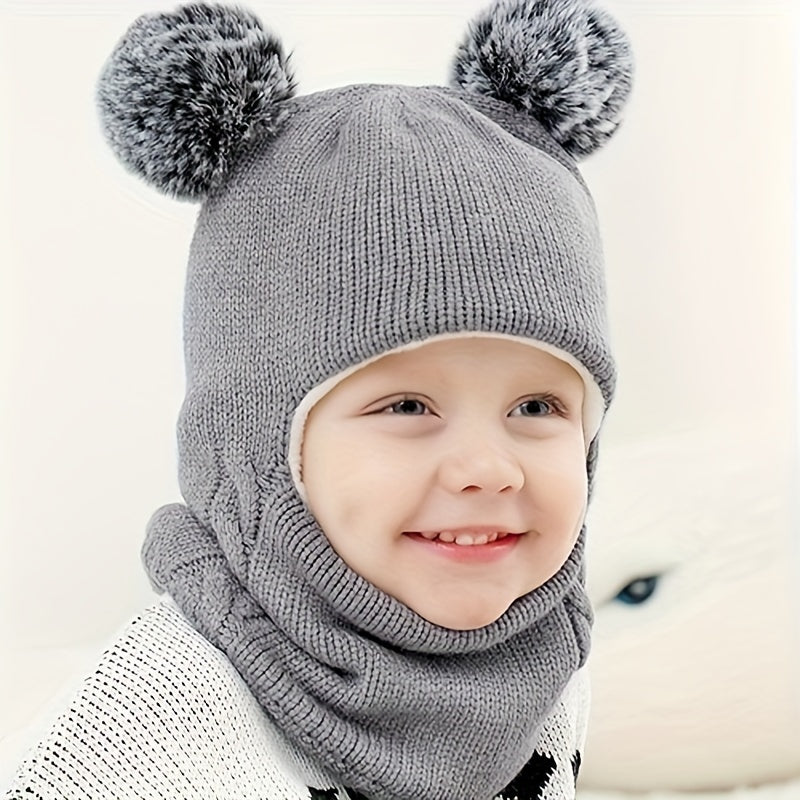 Winter Kids Hat & Scarf 2-in-1 Knitted Ear Protection Head Cover