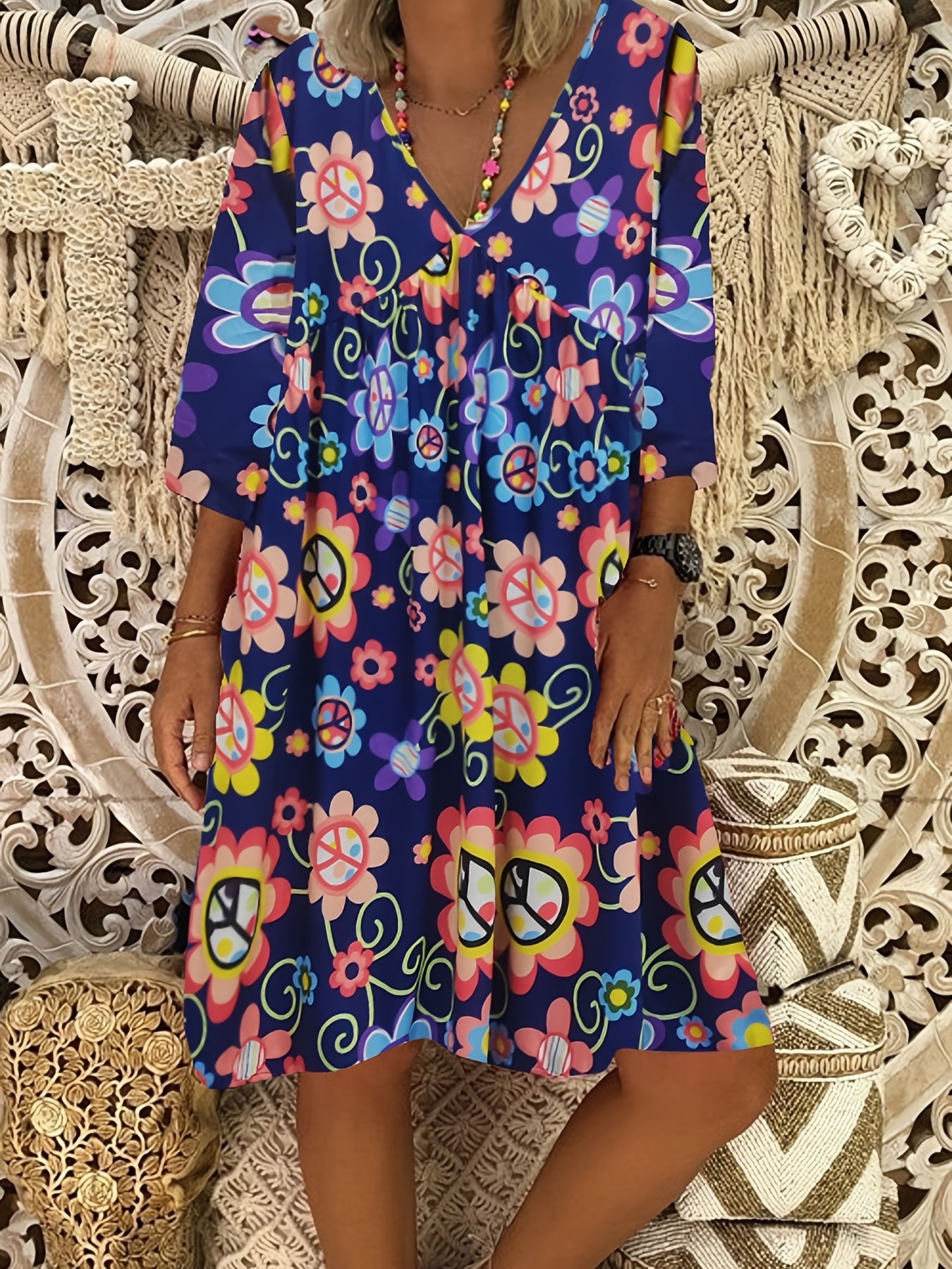 Women's Plus Floral Print V Neck Dress