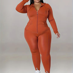 Solid Zip Up Hoodie & Pants Set Women's Plus Medium Stretch Sportswear