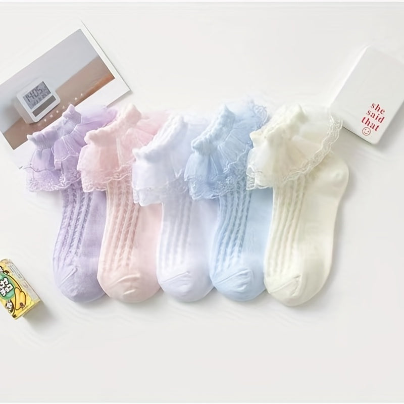 5 Pairs Lace Brim Cotton Socks for Girls