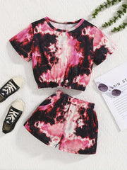 2pcs Girls Tie Dye T Shirt Crop Tee Top & Shorts Set Kids Clothes