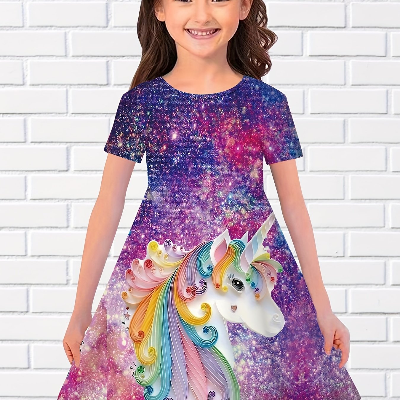Girls 3D Unicorn Crew Neck Dress Girls Comfy Dresses