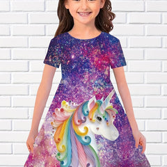 Girls 3D Unicorn Crew Neck Dress Girls Comfy Dresses