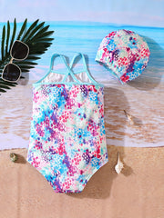 Girls Tie Dye Print One Piece Swimsuit Strappy Back Swimwear