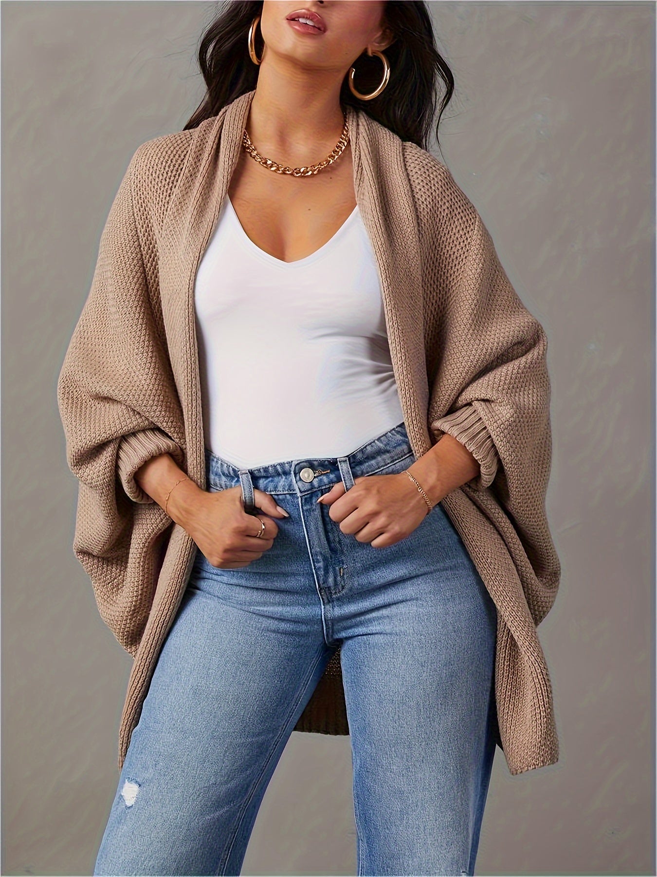 Casual Cardigan Women's Plus Solid Bat Sleeve...ront Cardigan