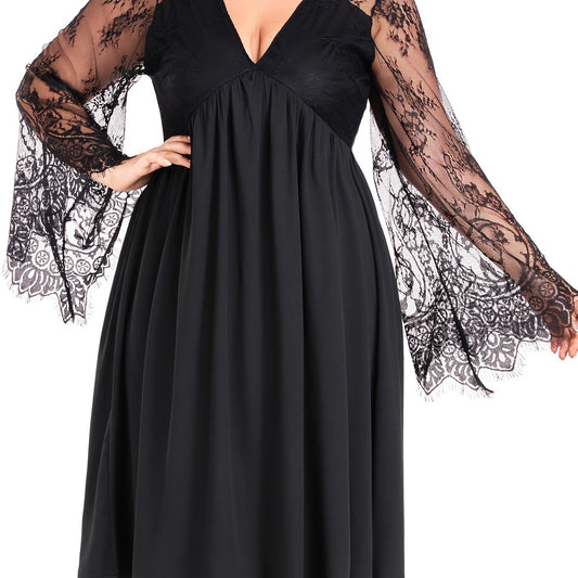 Sexy Dress Women's Plus Solid Contrast Lace Bell Sleeve V Neck Medium